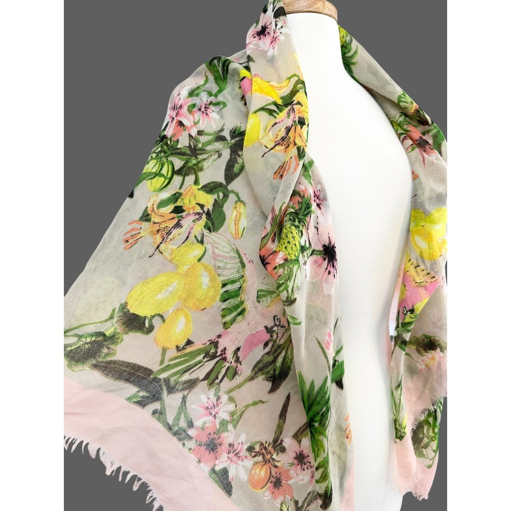 Tropical Floral Pineapple Print Semi Sheer Square Scarf Eyelash Fringe 50x50 - Picture 3 of 7